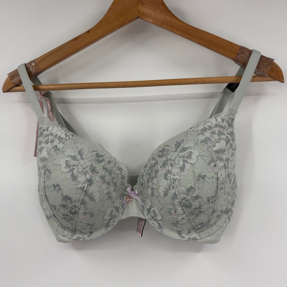 Victoria Secret 32DD Perfect Shape Push Up Bra Light Green Lace Floral Underwire